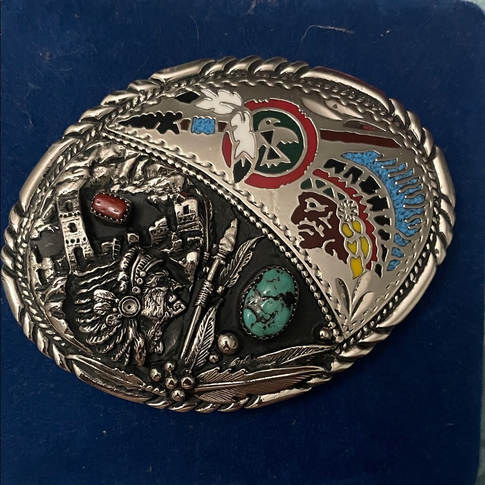 Silver and Multicolor Western Belt Buckle